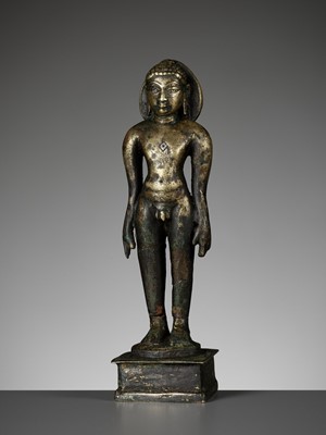 Lot 677 - A SILVER-INLAID BRONZE FIGURE OF A JINA, SOUTH INDIA, 10TH - 11TH CENTURY