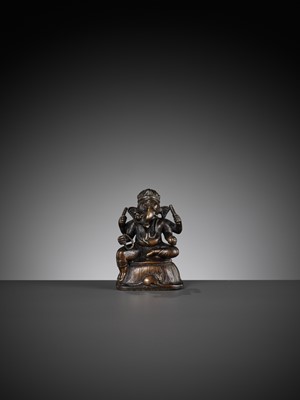 Lot 689 - A SMALL BRONZE FIGURE OF GANESHA, SOUTH INDIA, 17TH - 18TH CENTURY