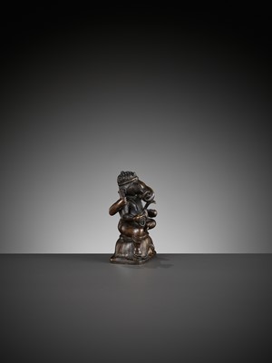 Lot 689 - A SMALL BRONZE FIGURE OF GANESHA, SOUTH INDIA, 17TH - 18TH CENTURY