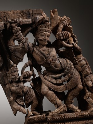 Lot 694 - A WOOD RELIEF OF A DANCING DEITY, KERALA, SOUTH INDIA, 18TH TO EARLY 19TH CENTURY