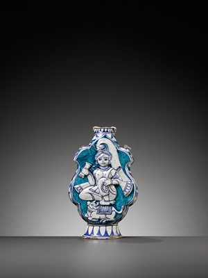 Lot 698 - A JAIPUR BLUE POTTERY ‘PARVATI’ FLASK, INDIA, RAJASTHAN, 19TH CENTURY OR EARLIER