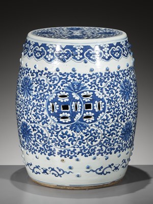 Lot 447 - A BLUE AND WHITE BARREL-FORM GARDEN STOOL, QING DYNASTY