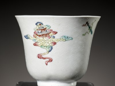 Lot 430 - A SGRAFFIATO-GROUND FAMILLE-ROSE 'LU DONGBIN' WINE CUP, QING DYNASTY, DAOGUANG PERIOD