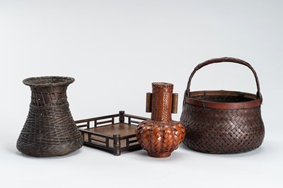 Lot 1068 - A LOT WITH THREE WOVEN IKEBANA BASKETS AND ONE STAND, MEIJI