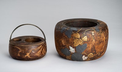 Lot 1038 - A LOT WITH TWO LACQUERED AND INLAID WOOD HIBACHI (BRAZIER), EDO