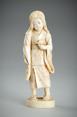 Lot 585 - AN ARTIST SIGNED IVORY OKIMONO OF A GIRL, MEIJI