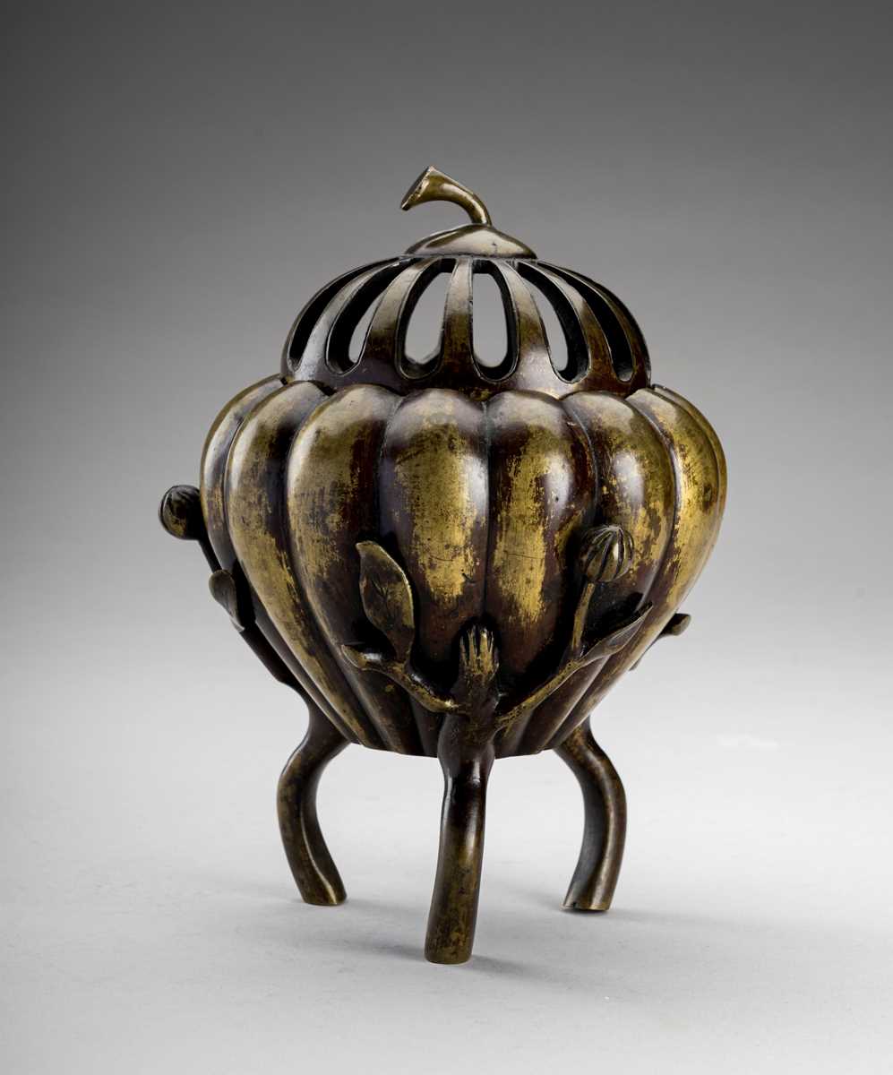 Lot 1137 - A ‘MELON’ BRONZE TRIPOD CENSER, MEIJI