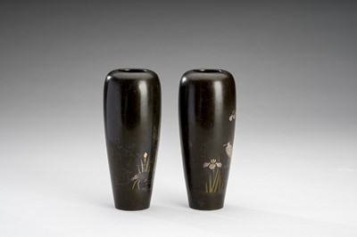 Lot 44 - A PAIR OF INLAID BRONZE VASES WITH EGRETS, MEIJI
