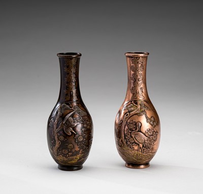 A PAIR OF COPPER VASES WITH CRANES, MEIJI