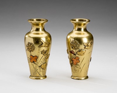 A PAIR OF GOLDEN BRONZE VASES WITH CHRYSANTHEMUMS, MEIJI
