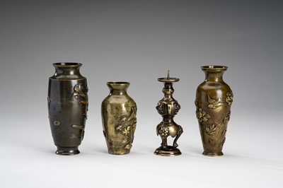Lot 48 - A LOT WITH THREE MIXED METAL VASES AND A CANDLESTICK, MEIJI