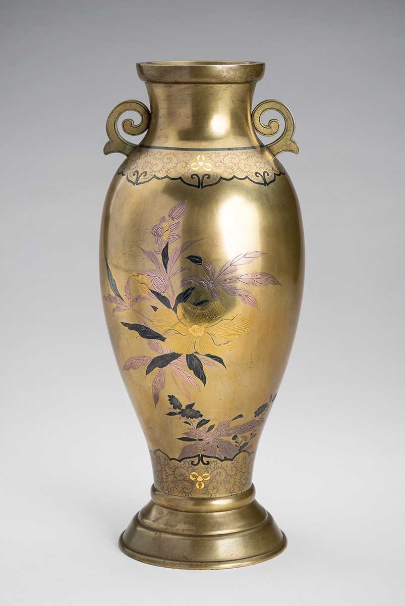 Lot 40 - A FINE INLAID SENTOKU VASE WITH PEONIES AND BIRD, MEIJI