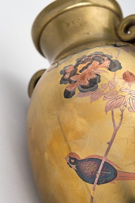 Lot 40 - A FINE INLAID SENTOKU VASE WITH PEONIES AND BIRD, MEIJI