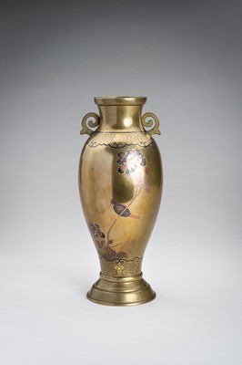 Lot 40 - A FINE INLAID SENTOKU VASE WITH PEONIES AND BIRD, MEIJI