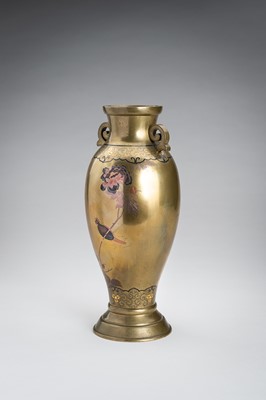 Lot 40 - A FINE INLAID SENTOKU VASE WITH PEONIES AND BIRD, MEIJI