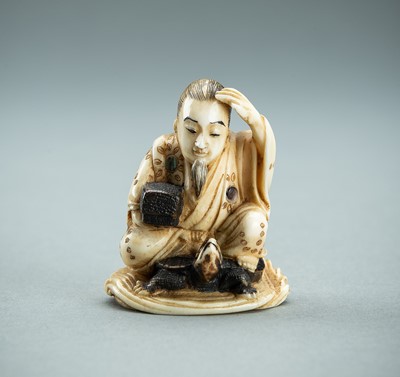 Lot 721 - HIDEYUKI: AN ILAID IVORY NETSUKE OF URASHIMA TARO WITH TURTLE, MEIJI