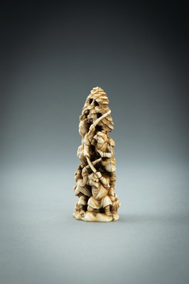 Lot 718 - AN IVORY NETSUKE-OKIMONO OF SEVERAL TENGU IN A FIGHT, MEIJI
