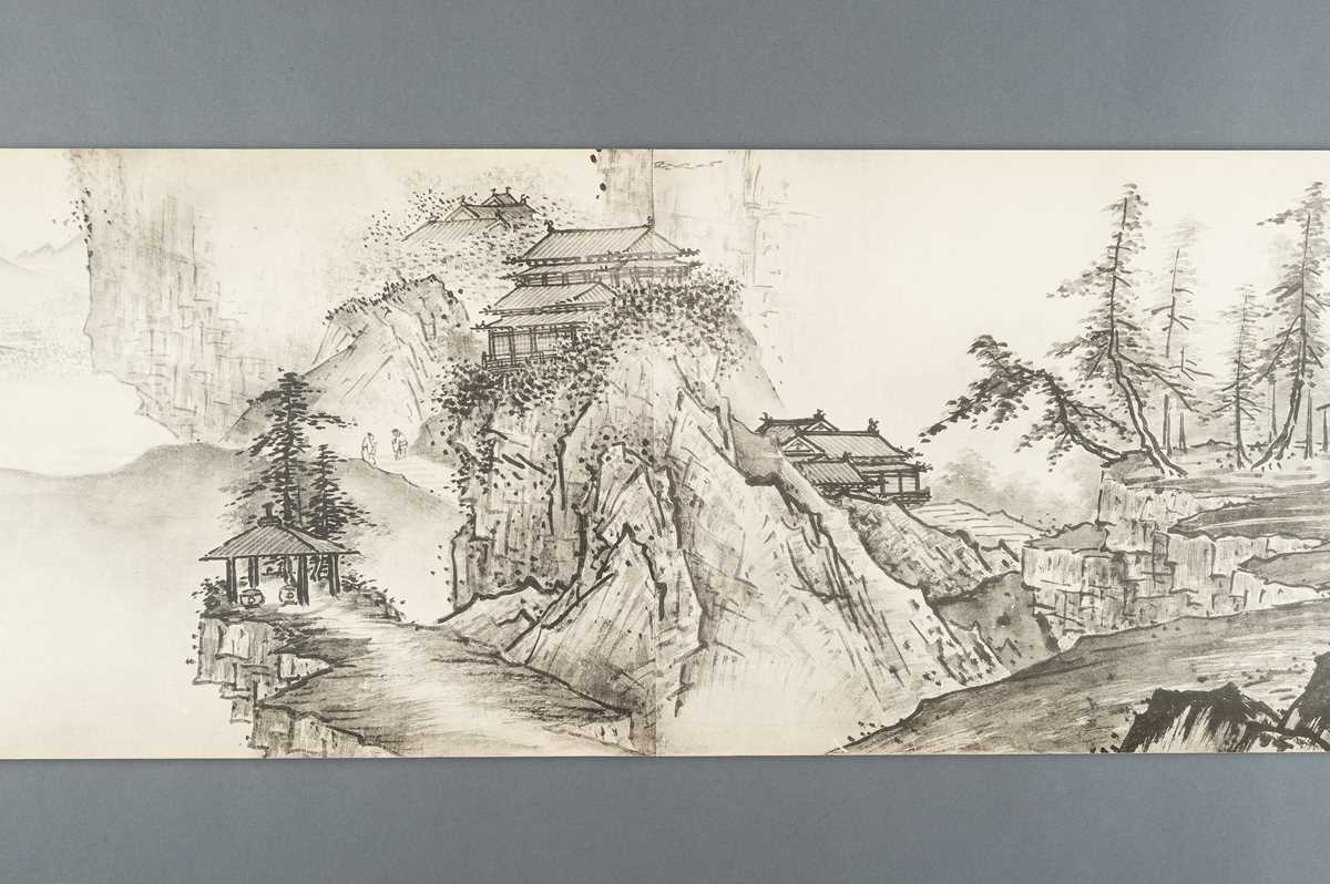 Lot 1289 - AFTER SESSHŪ TŌYŌ: A VERY LONG PRINTED HANDSCROLL OF A LANDSCAPE