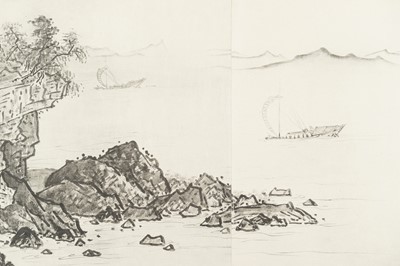 Lot 1289 - AFTER SESSHŪ TŌYŌ: A VERY LONG PRINTED HANDSCROLL OF A LANDSCAPE
