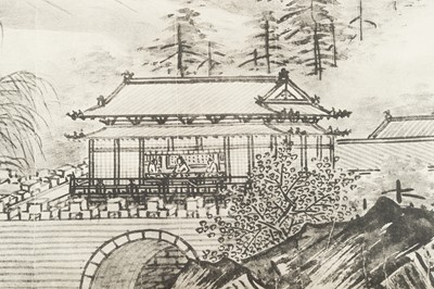 Lot 1289 - AFTER SESSHŪ TŌYŌ: A VERY LONG PRINTED HANDSCROLL OF A LANDSCAPE