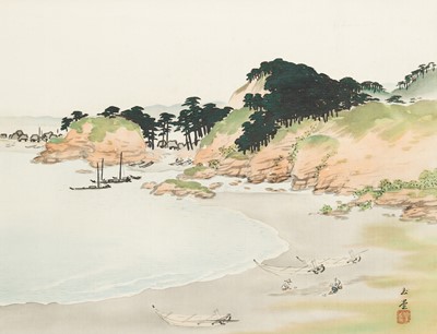 Lot 1272 - GYOKUDO KAWAI (1873-1957): A SCROLL PAINTING OF A SEASIDE LANDSCAPE
