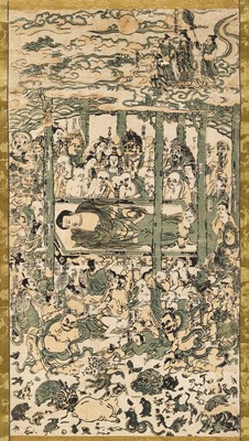 Lot 1274 - A COLOR WOODBLOCK PRINT OF PARINIRVANA, MOUNTED AS A HANGING SCROLL
