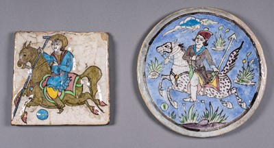 Lot 1008 - A LOT WITH TWO PERSIAN TILES WITH POLO PLAYERS