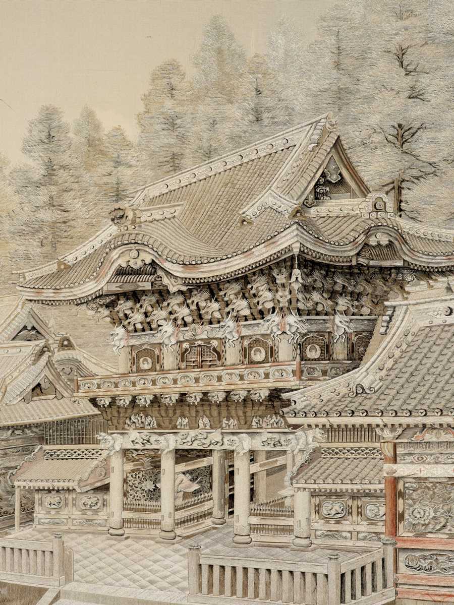 Lot 68 - A SUPERBLY EMBROIDERED PANEL OF YOMEIMON GATE