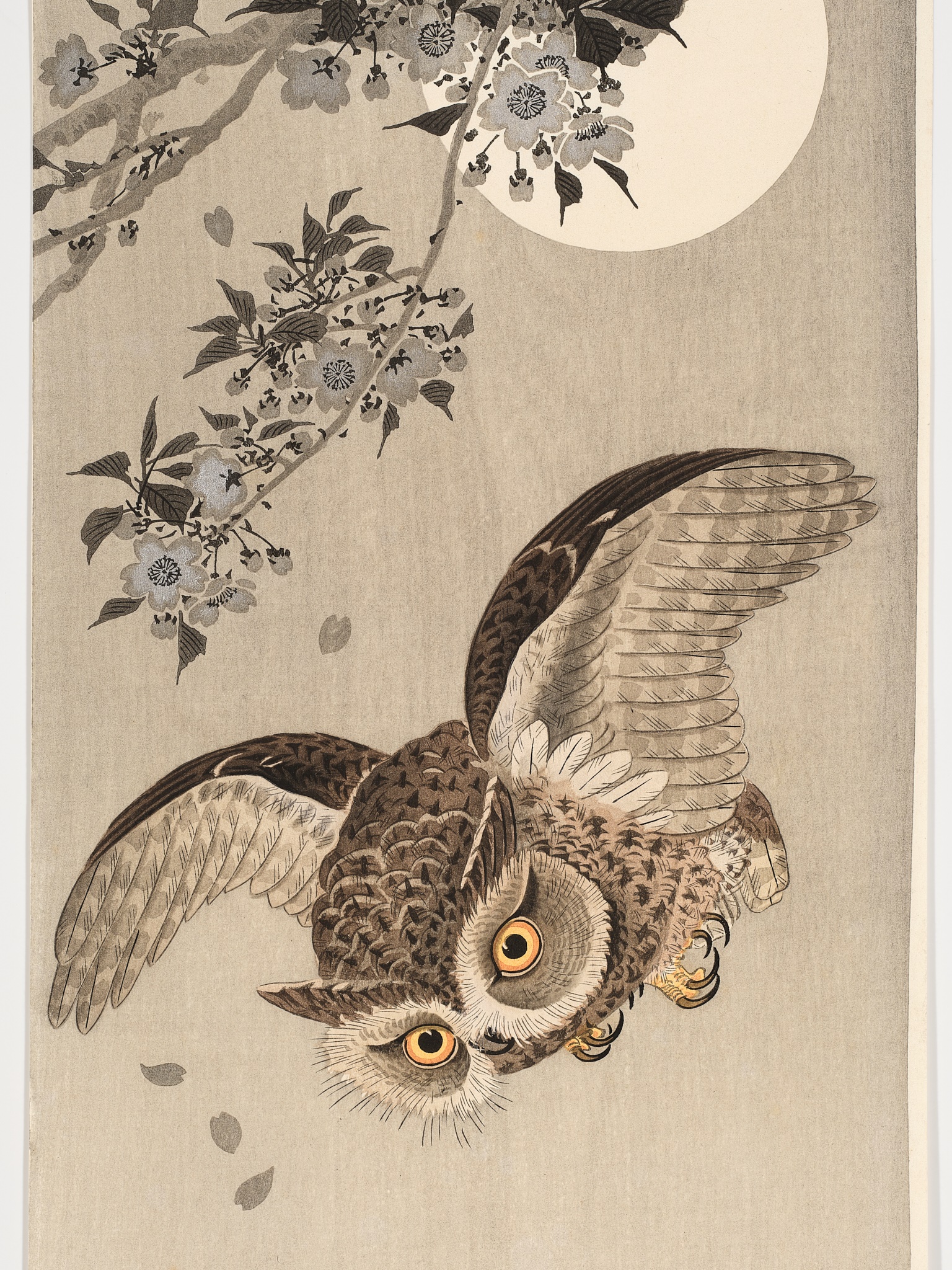 Lot 88 - OHARA KOSON (1877-1945), SCOPS OWL IN FLIGHT,