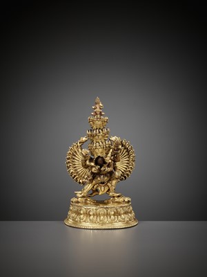 Lot 510 - A GILT BRONZE FIGURE OF CHAKRASAMVARA AND VAJRAVARAHI, QING DYNASTY