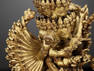 Lot 510 - A GILT BRONZE FIGURE OF CHAKRASAMVARA AND VAJRAVARAHI, QING DYNASTY