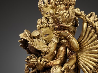 Lot 510 - A GILT BRONZE FIGURE OF CHAKRASAMVARA AND VAJRAVARAHI, QING DYNASTY