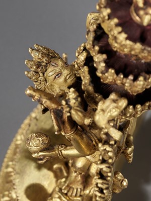 Lot 510 - A GILT BRONZE FIGURE OF CHAKRASAMVARA AND VAJRAVARAHI, QING DYNASTY