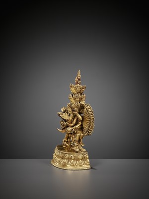 Lot 510 - A GILT BRONZE FIGURE OF CHAKRASAMVARA AND VAJRAVARAHI, QING DYNASTY