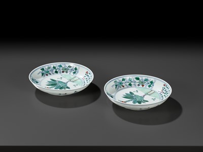 Lot 103 - A RARE PAIR OF DOUCAI ‘POMEGRANATE AND FOLIAGE’ DISHES, YONGZHENG MARKS AND PERIOD