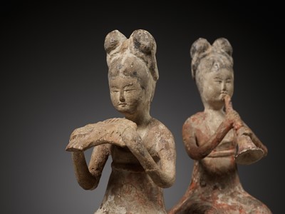Lot 349 - A PAIR OF PAINTED POTTERY FEMALE MUSICIANS, SUI TO EARLY TANG DYNASTY