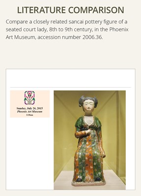 Lot 1192 - A RARE SANCAI-GLAZED POTTERY FIGURE OF A SEATED COURT LADY, TANG DYNASTY OR LATER