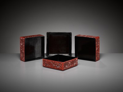 Lot 2 - A CINNABAR LACQUER THREE-TIERED BOX AND COVER, LATE YUAN TO MID-MING DYNASTY