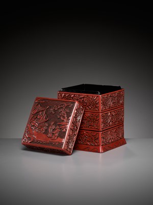 Lot 2 - A CINNABAR LACQUER THREE-TIERED BOX AND COVER, LATE YUAN TO MID-MING DYNASTY