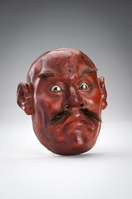Lot 1063 - A SMALL LACQUERED WOOD MASK OF A MAN