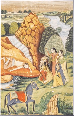 Lot 2140 - AN INDIAN MINIATURE PAINTING OF SHIRIN MOURNING FARHAD’S DEATH, c. 1900s