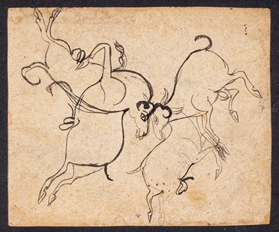 Lot 953 - AN INDIAN MINIATURE PAINTING OF RAMS AND A RABBIT, 19th CENTURY