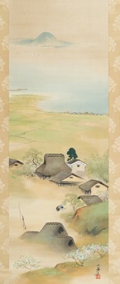 Lot 307 - A SCROLL PAINTING DEPICTING A FARMER’S VILLAGE AND MOUNT FUJI