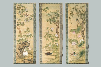 Lot 1268 - A GROUP OF THREE SCROLL PAINTINGS WITH DUCKS, BIRDS, AND RABBITS, QING
