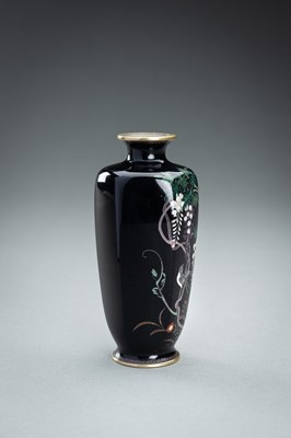 A SMALL CLOISONNÉ ENAMEL VASE WITH SPARROWS AND WISTERIA, MEIJI