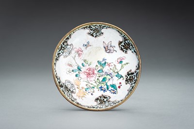 Lot 10 - A CANTON ENAMEL ‘FLOWERS AND BUTTERFLIES’ DISH, QING