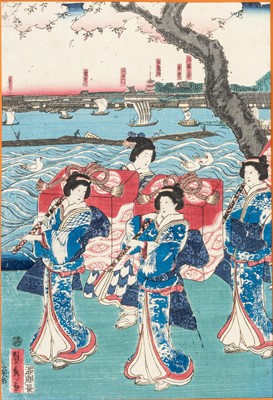 Lot 380 - UTAGAWA SADAHIDE (1807-1873), COURT LADIES GOING OUT FOR CHERRY BLOSSOM VIEWING