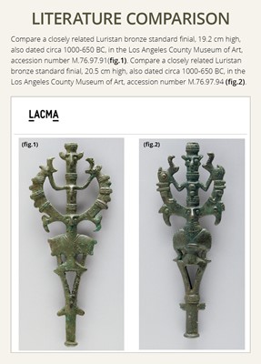 Lot 717 - A LURISTAN ‘MASTER OF ANIMALS’ BRONZE STANDARD FINIAL, IRAN, CIRCA 1000-650 BC