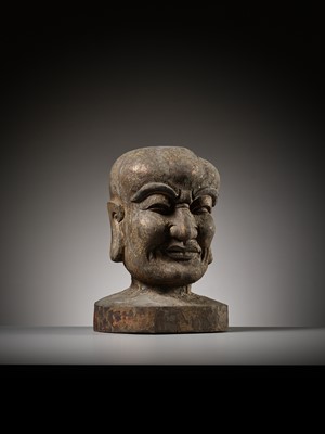 Lot 157 - A RARE WOOD HEAD OF A LUOHAN, SONG DYNASTY