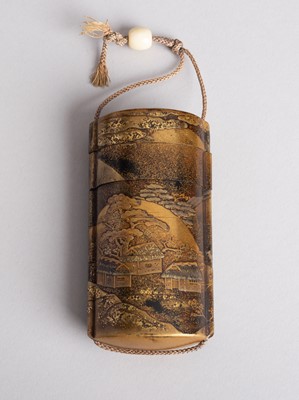 Lot 485 - A GOLD LACQUER FIVE-CASE INRO WITH A LANDSCAPE SCENE, EDO